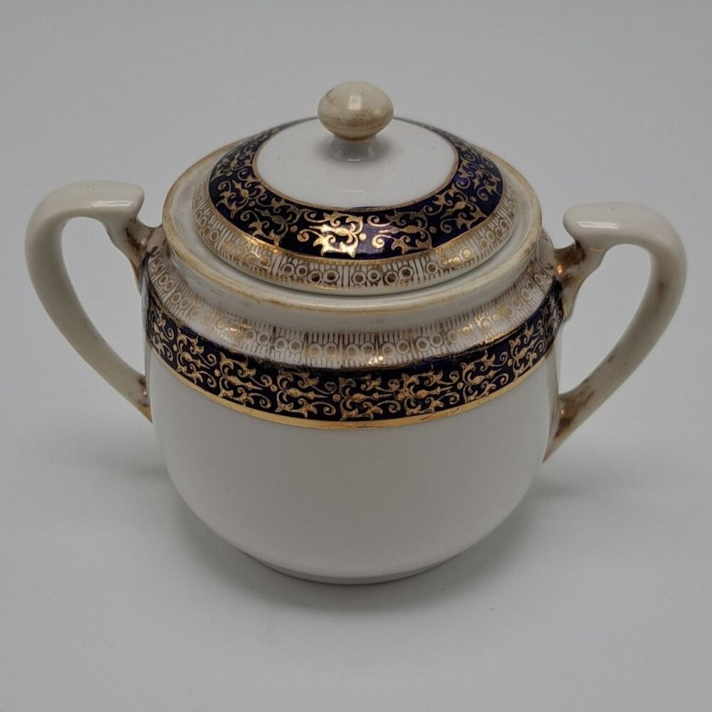Kokura Sugar Bowl Japan - Blue & Gold Gilt Trim